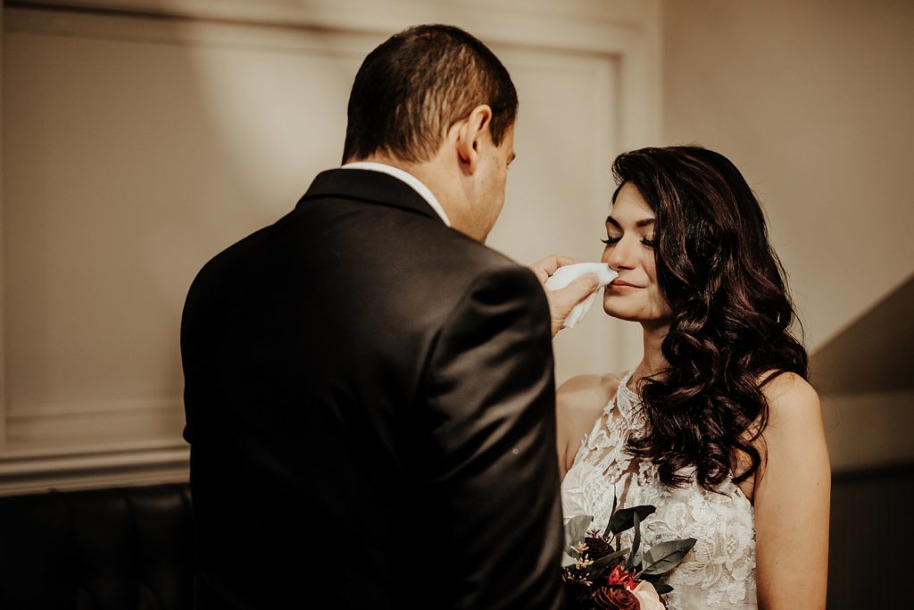 First Look with Dad at winter brunch wedding at Platform Thirty at Beat Street Station in Manayunk, Philadelphia by Brey Photo, Delaware County Wedding Photographer