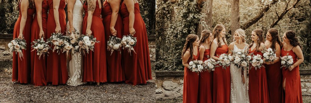 terra-cotta bridesmaids dresses floral white and sage eucalyptus boho bouquets by Made by Meredyth