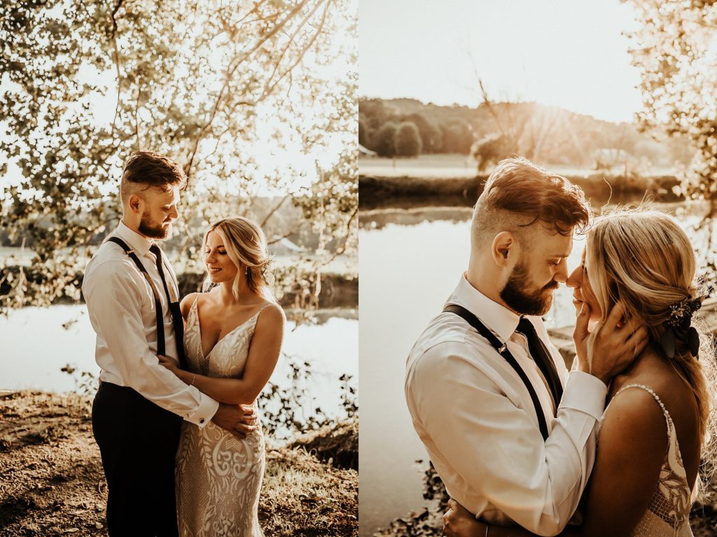 a philadelphia couple kisses during golden hour after their campground wedding ceremony along the brandywine river