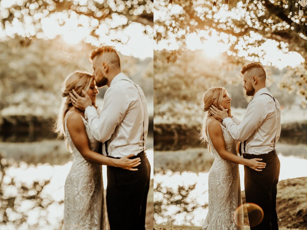 couple stands in front of the Brandywine River after their Philadelphia campground wedding ceremony during golden hour 