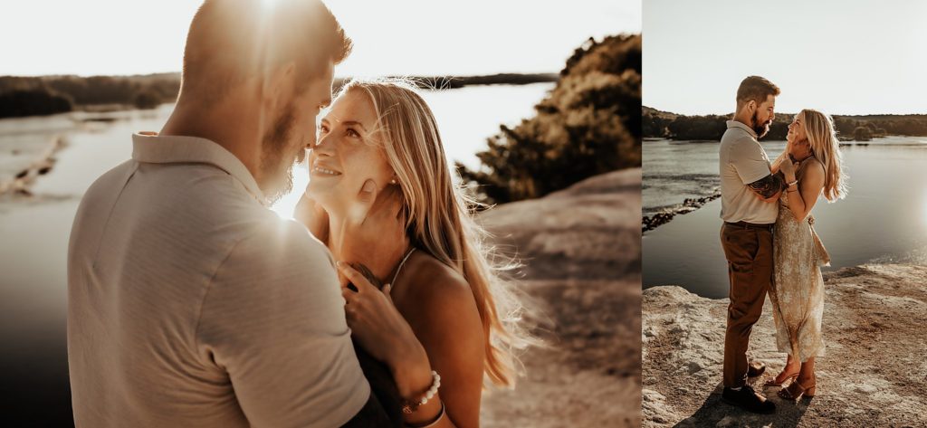 Engaged couple overlooking the Susquehanna River from atop the White Cliffs of Canoy during a golden hour sunset in a green dress and brown pants