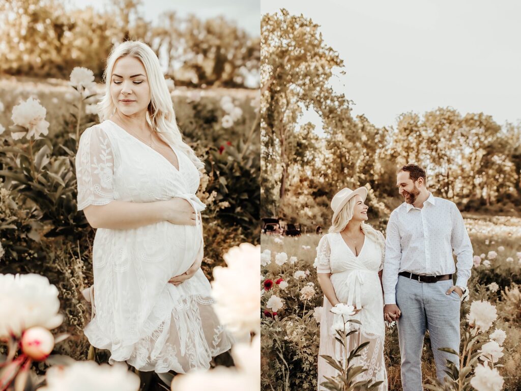 white lace maternity dress in peony field at Styer's Farm at sunset