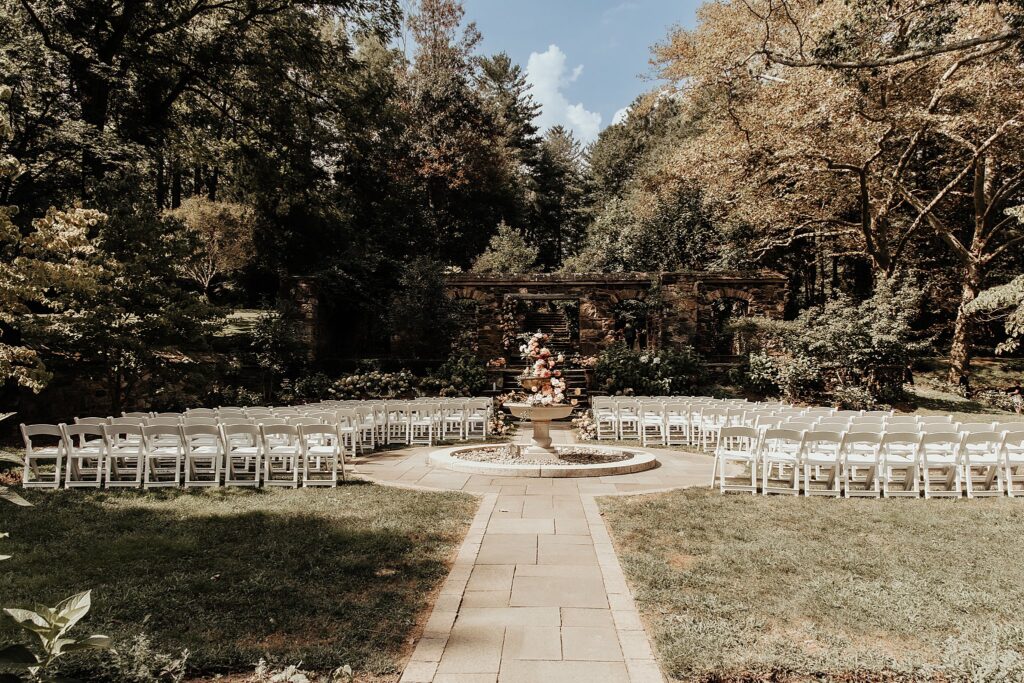 Ridley Creek State Park in Media PA outdoor venue with hand dyed floral aisle center piece