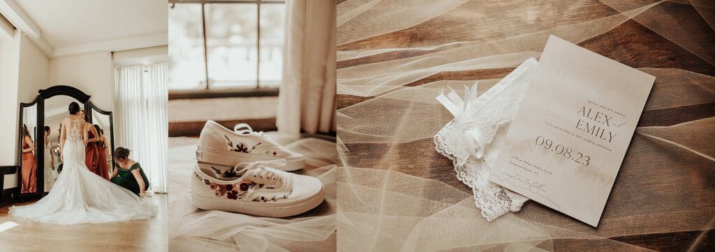 Bridal Suite getting ready, floral printed white wedding sneakers, and invitations.