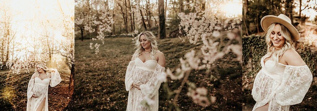 Maternity session featuring a mom in a white lace dress during spring time at Josephine Fountain at Delaware State Park in front of cherry blossoms and golden hour 
