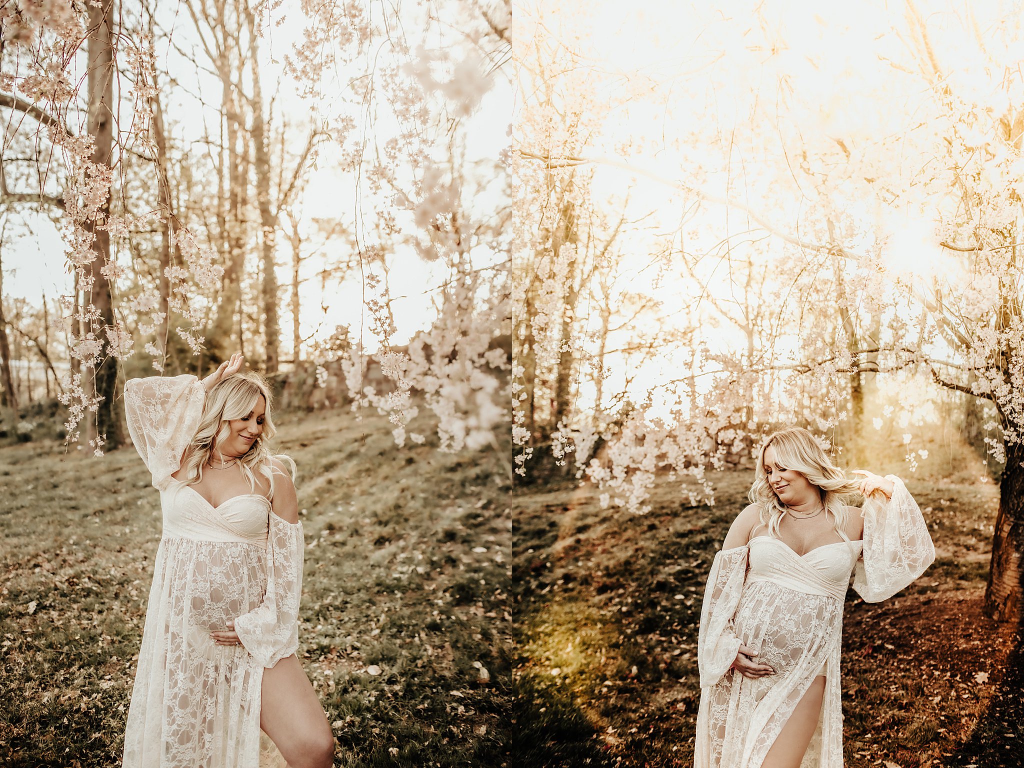Maternity session during spring time at Josephine Fountain at Delaware State Park featuring cherry blossoms and golden hour