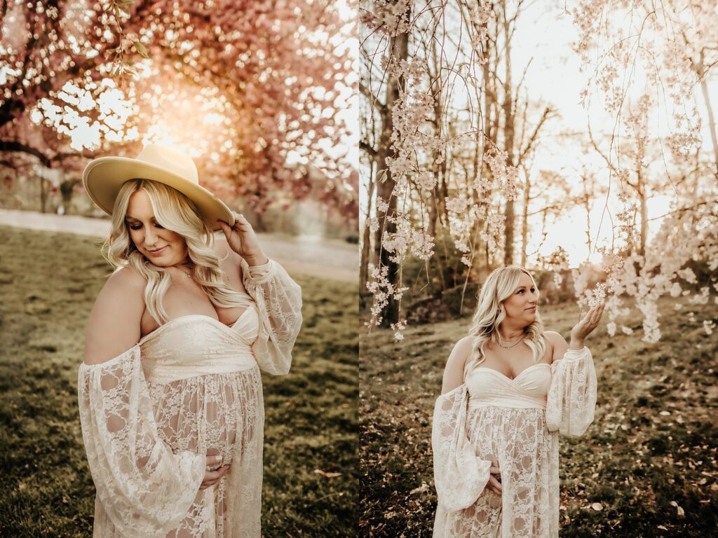 Maternity session featuring a mom in a white lace dress  and hat during spring time at Josephine Fountain at Delaware State Park in front of cherry blossoms and golden hour 