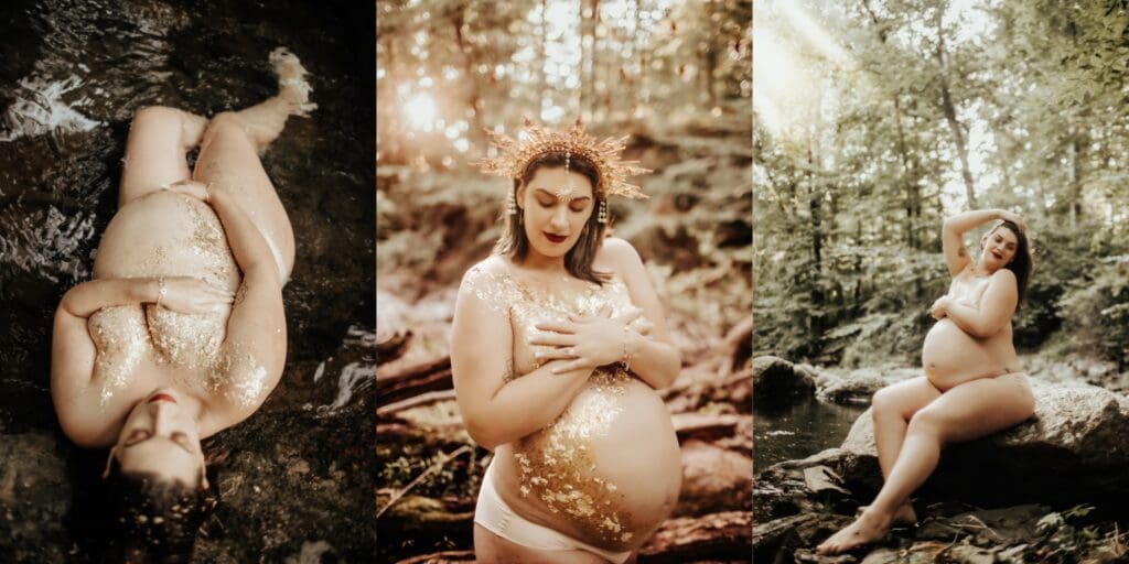 Pregnant woman posing in a creek and in the woods