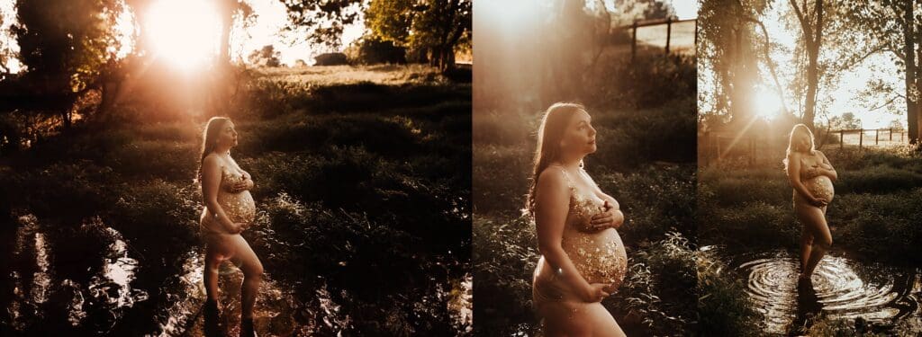 Pregnant woman walking through a creek at sunset during an outdoor maternity photoshoot