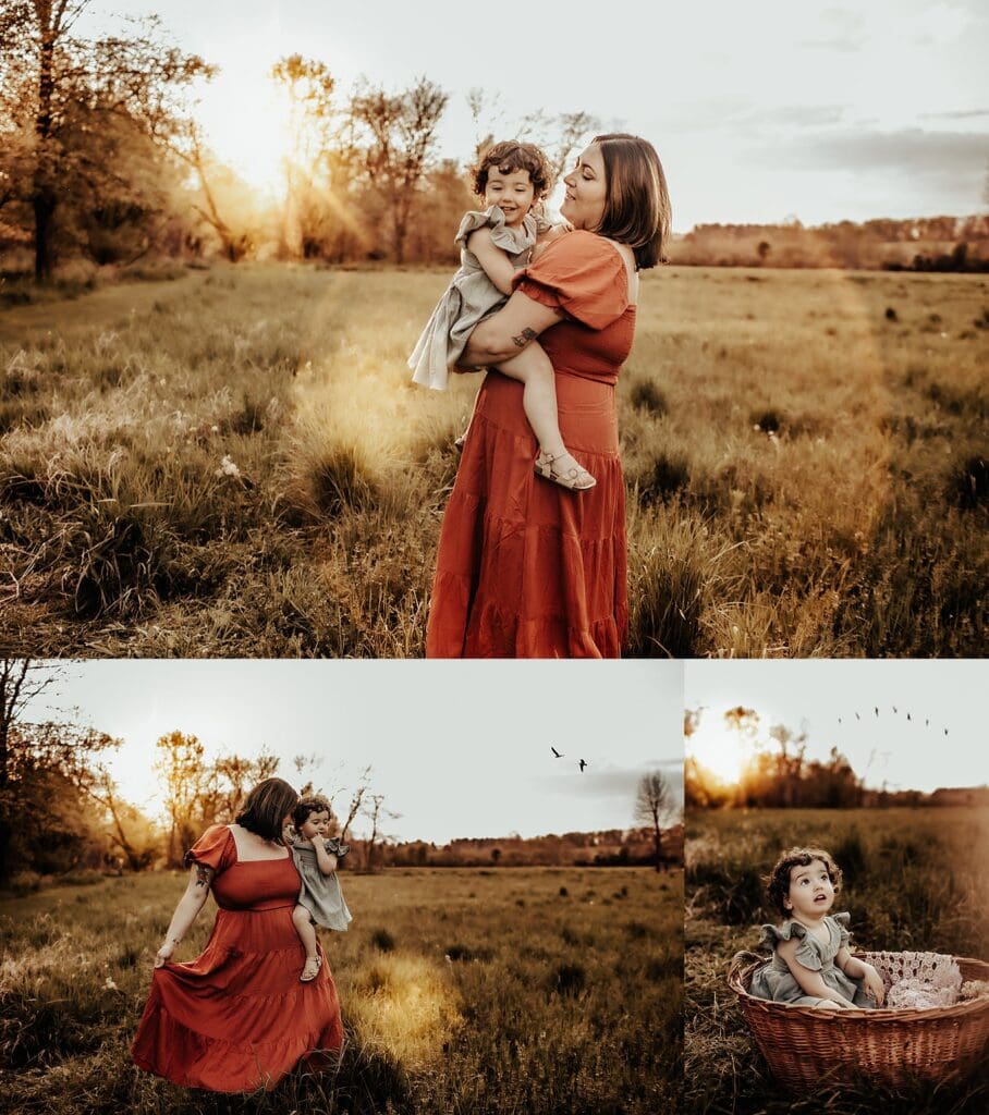 Sunset mommy and me session in West Chester PA featuring a golden sun flare and boho dresses in a field of wispy grass