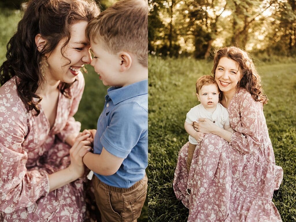 Dress rented from Nuuly for a family photoshoot with white florals and dusty pink flowy fabric.
