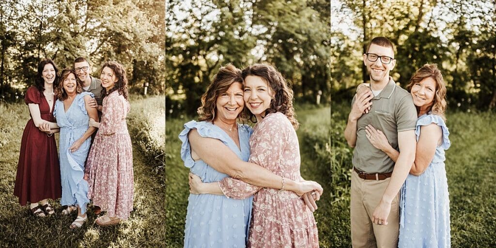 Family in West Chester during an extended family photoshoot with grandparents and grandchildren as well as adult children. Colors for family photos include blues, neutrals, warm tones, greens, khakis.