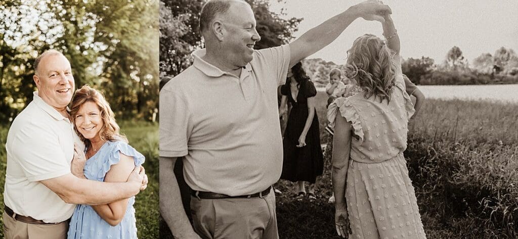 Candid photos from a family photoshoot in black and white nostalgic tones.